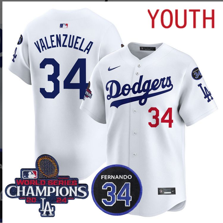 Youth  MLB Los Angeles Dodgers #34 Valenzuela white 2024 World Series Champions Patch Limited Jersey